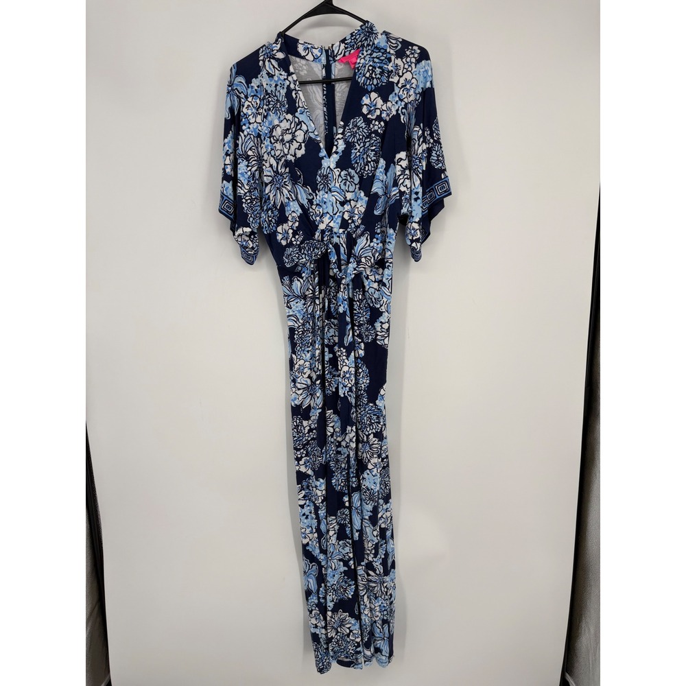 Lilly Pulitzer Maxi Dress Women 6 Blue Floral 13924 Tie Waist Flutter Sleeve